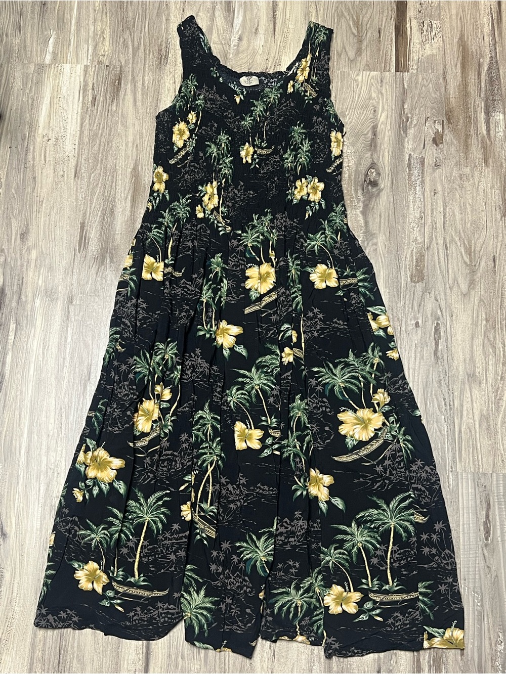 Aloha Hut Hawaii Plus Size Smocked Maxi Dress XL 2X 3X Black Yellow Rayon
